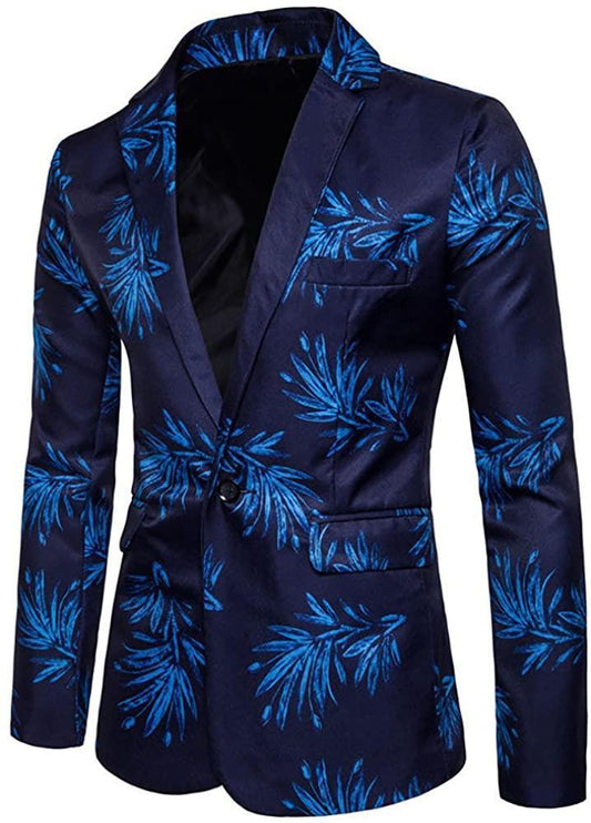 Men's Slim Fit Blue Leaf Printed One Button Coat