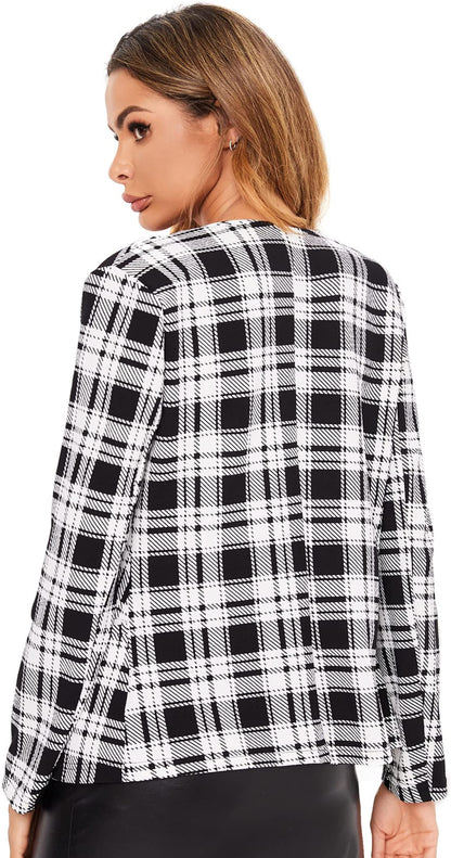 Elegant Open Front White and Black Houndstooth Blazer