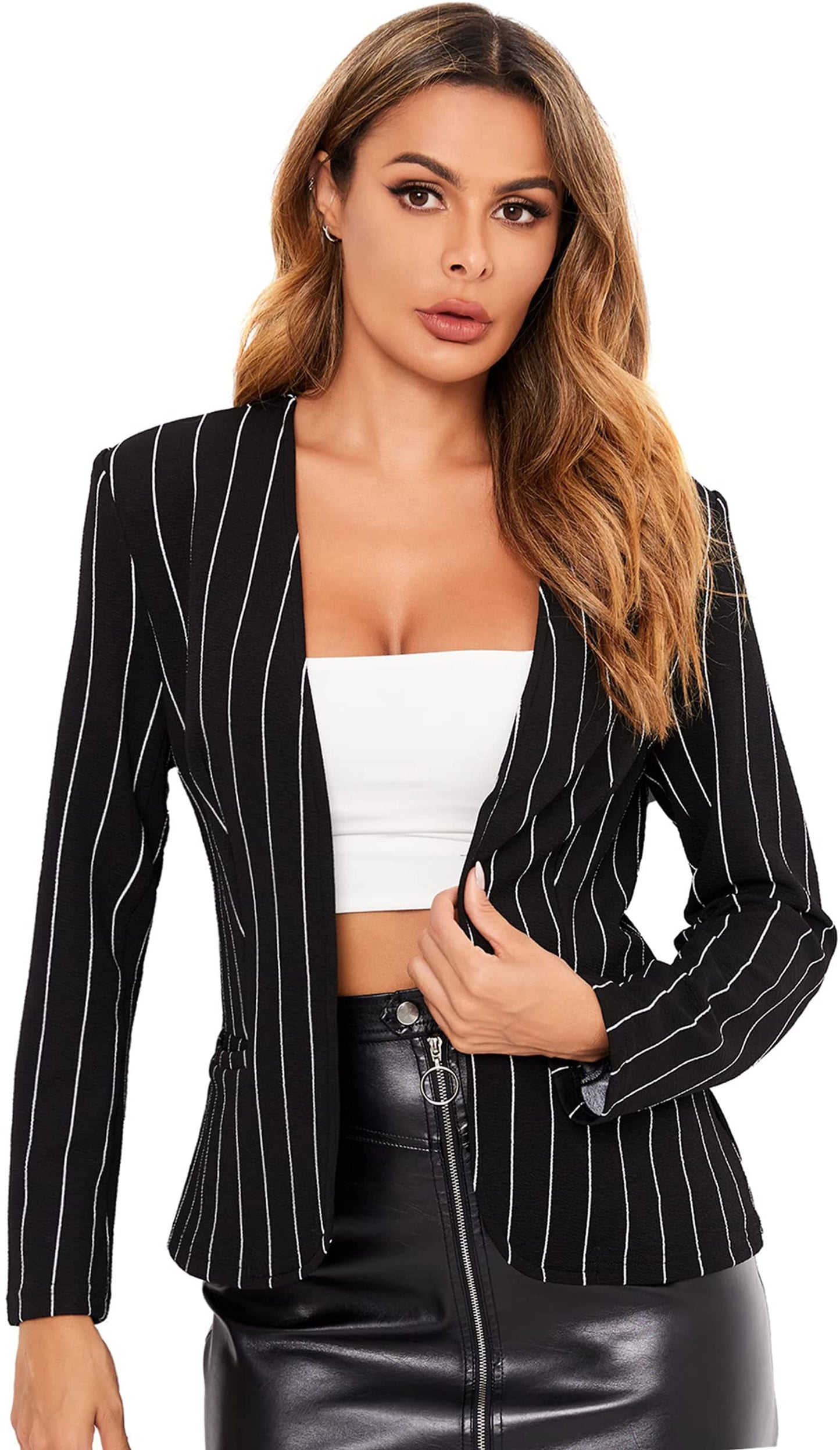 Elegant Solid Black Open Front Houndstooth Blazer