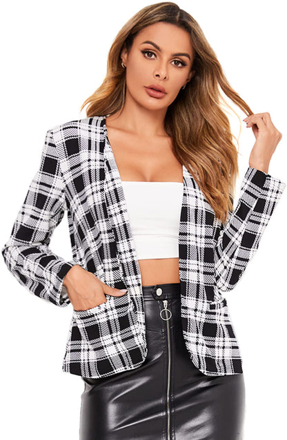 Elegant Open Front White and Black Houndstooth Blazer