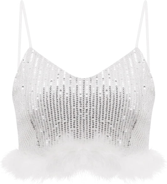 Silver Sequin Feather Crop Top Strapless Tank Top