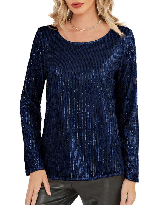 Navy Blue Sequin Long Sleeve Glitter Top