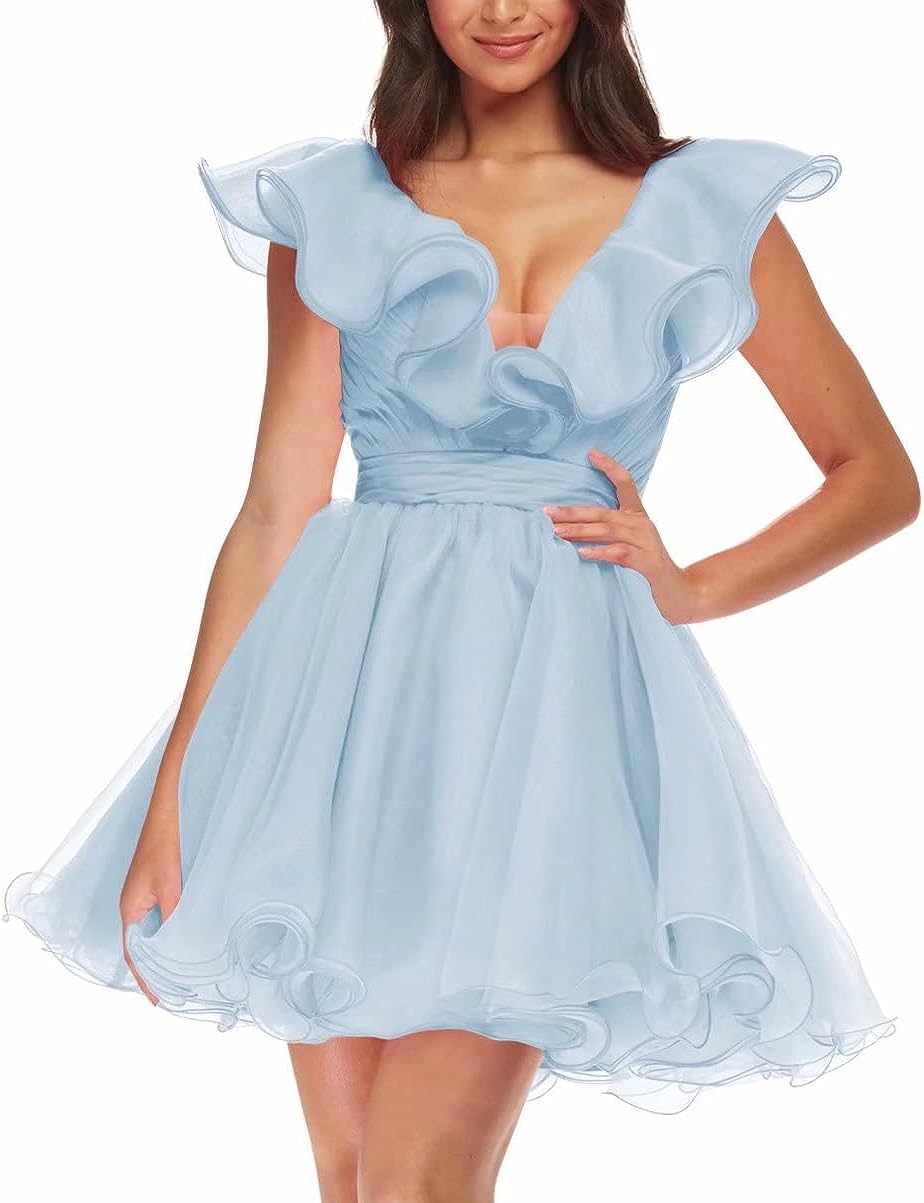 Beautiful Baby Blue Organza Puff Sleeve Ruffled Party Dress