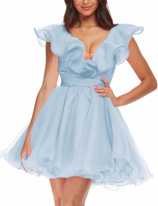 Beautiful Baby Blue Organza Puff Sleeve Ruffled Party Dress