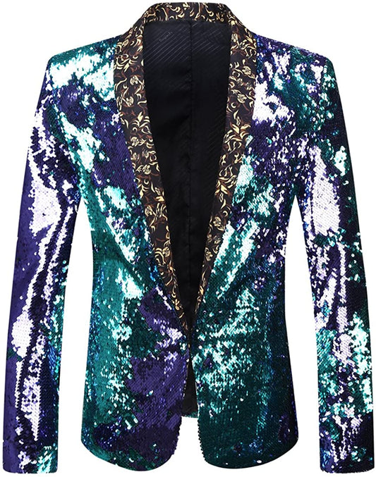 Men Purple Blue Stylish Two Color Conversion Shiny Sequins Blazer Suit Jacket