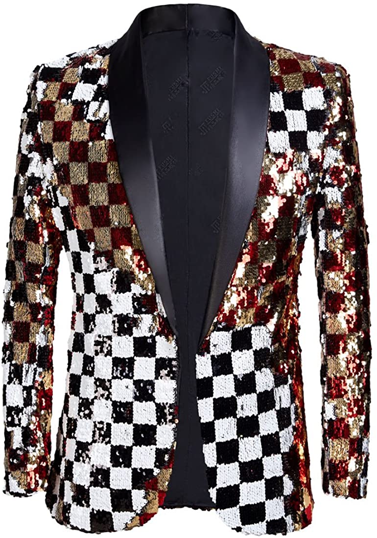 Men's Formal Checkered Sequined Long Sleeve Blazer Jacket