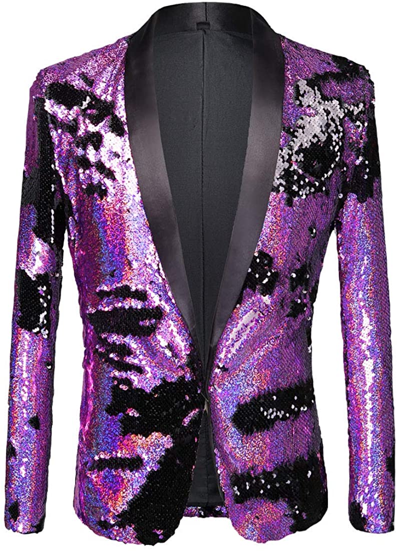 Men's Pink Stylish Shiny Sequins Long Sleeve Blazer Suit Jacket