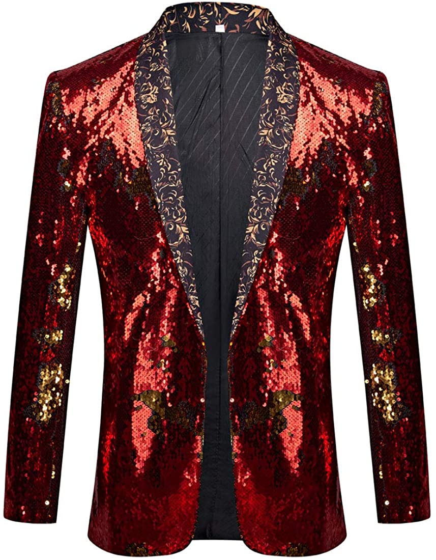 Men's Pink Stylish Shiny Sequins Long Sleeve Blazer Suit Jacket