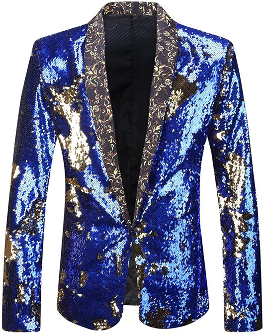 Men Royal Gold Blue Stylish Shiny Sequins Blazer Suit Jacket