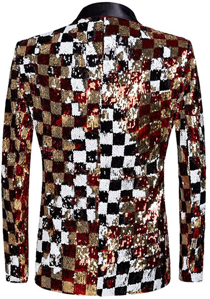 Men's Formal Checkered Sequined Long Sleeve Blazer Jacket