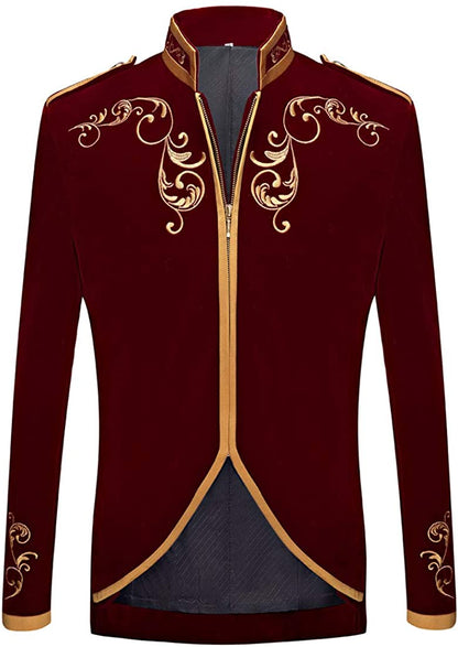 Prince Stylish Court Wine Red Velvet Embroidery Blazer