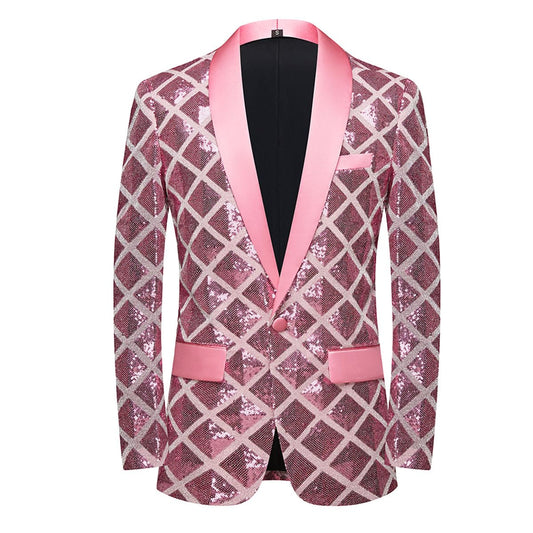 Pink Men's Diamond Sequin Long Sleeve Blazer