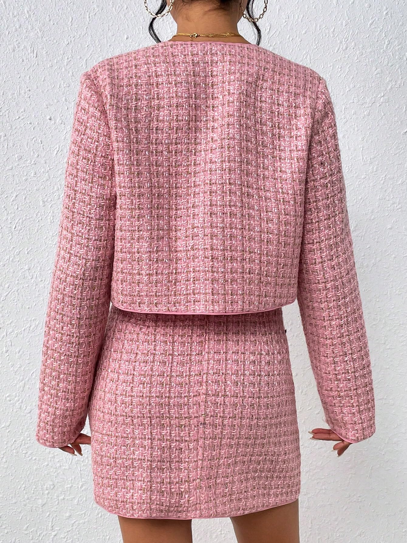 Pink Plaid Designer Chic Tweed Blazer Jacket & Skirt Set