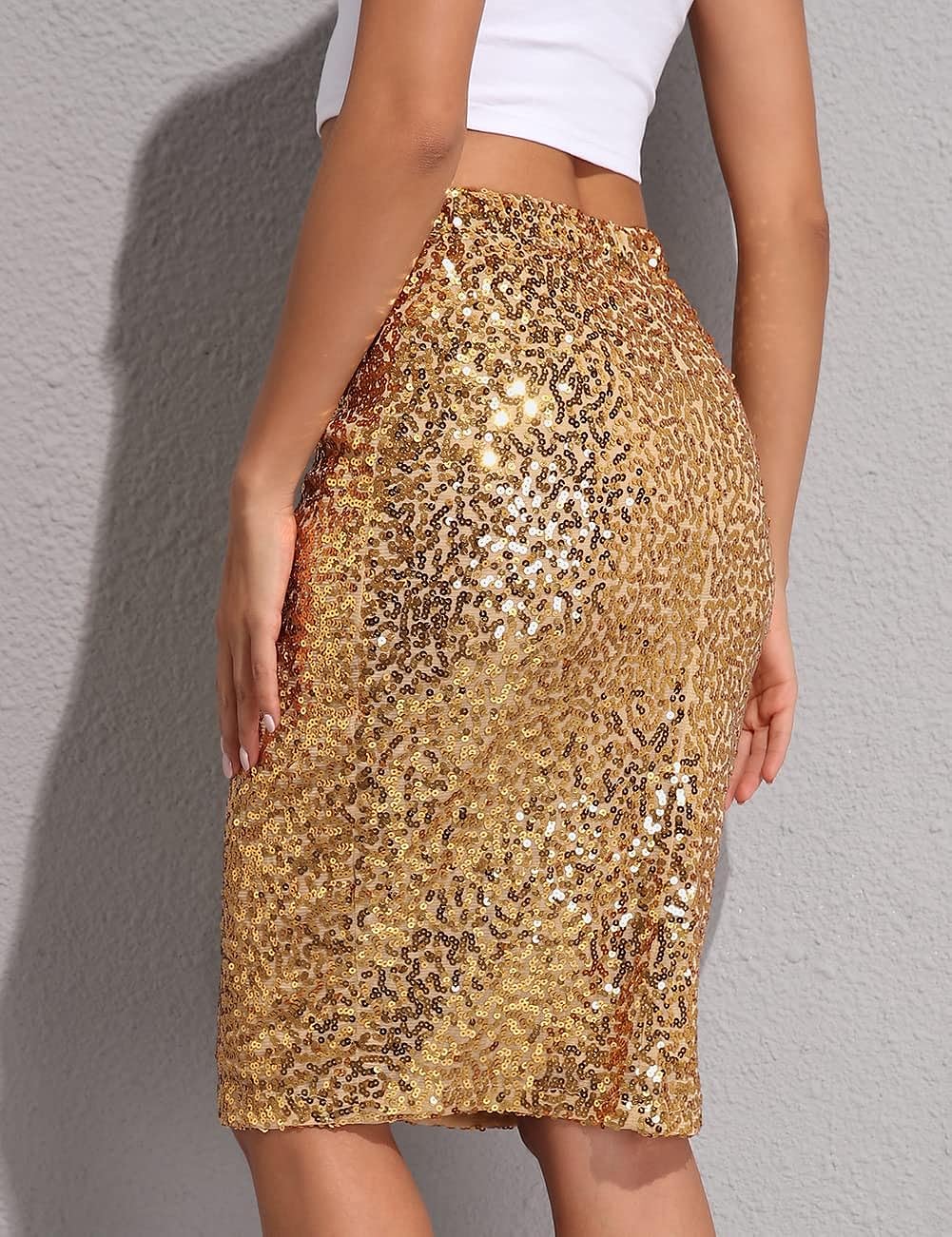 Designer Sequin Glitter White Silver Gold High Waist Pencil Skirt