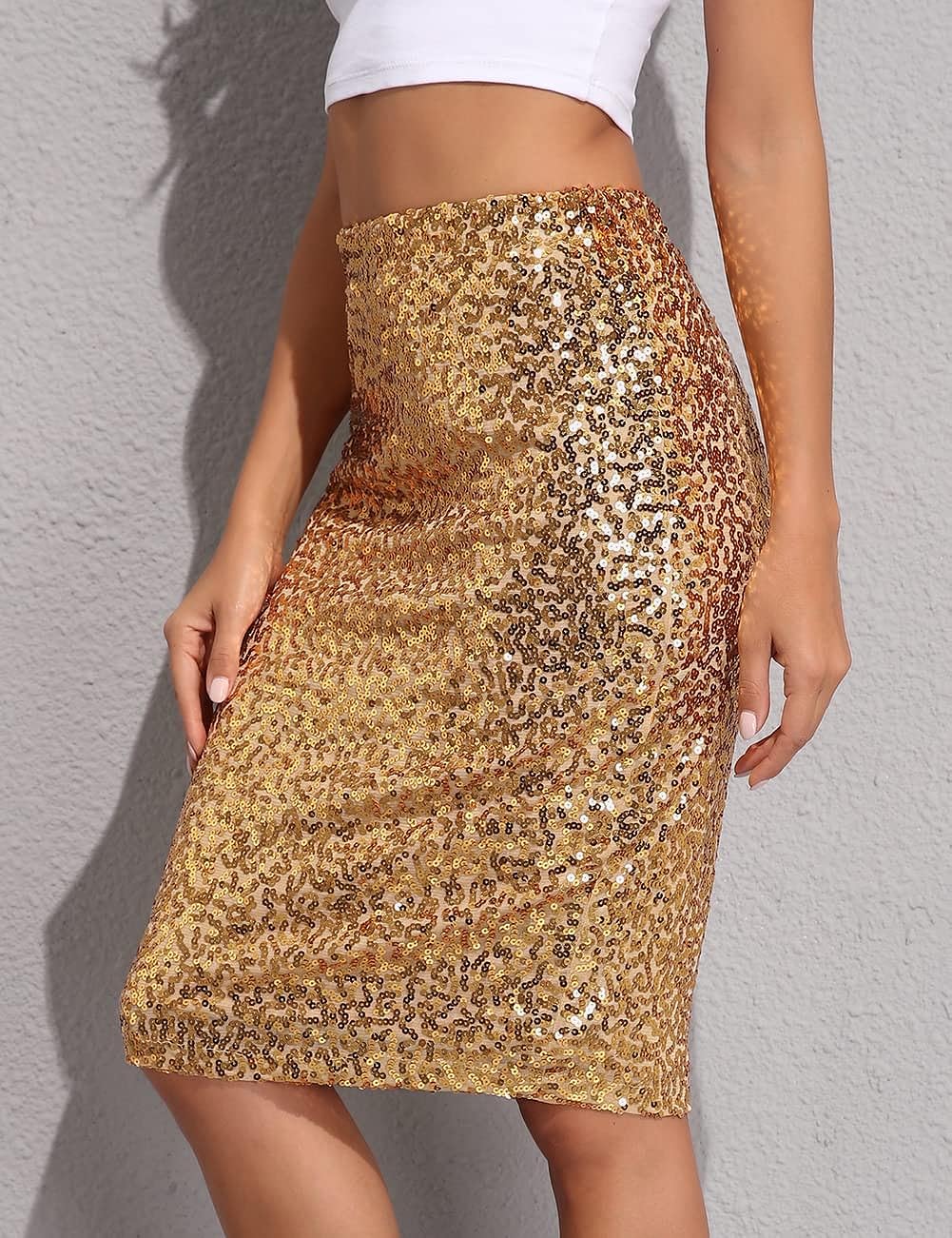 Designer Sequin Glitter White Silver Gold High Waist Pencil Skirt