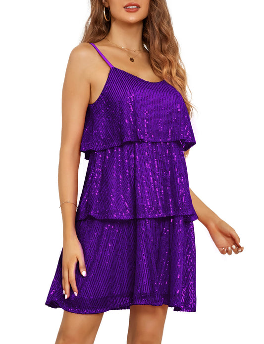 Purple Ruffled Sequin Sleeveless Layered Mini Dress