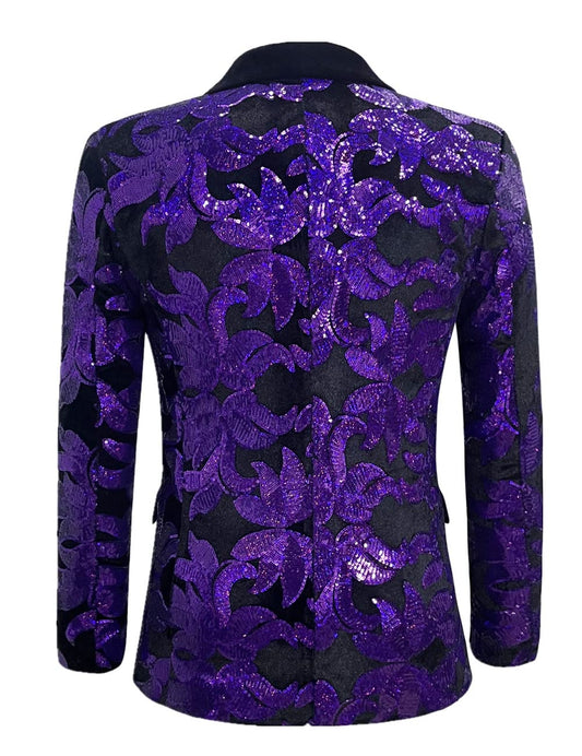 Purple Men's Sequin Floral Party Long Sleeve Blazer