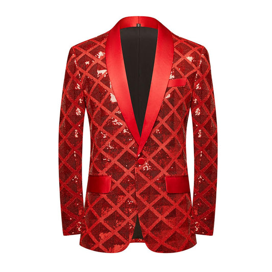 Red Men's Diamond Sequin Long Sleeve Blazer