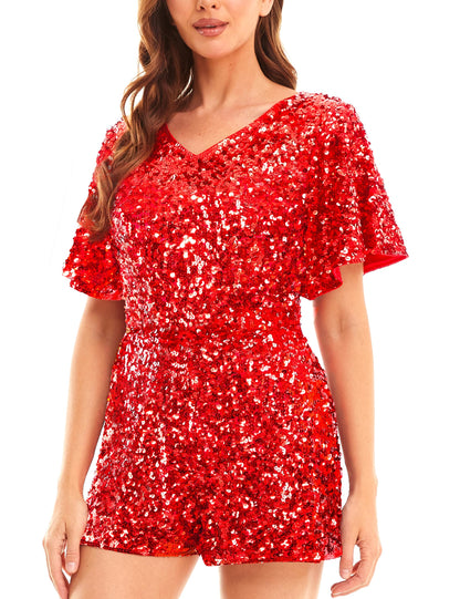 Red Sequin Sparkle Ruffle Sleeve Shorts Romper