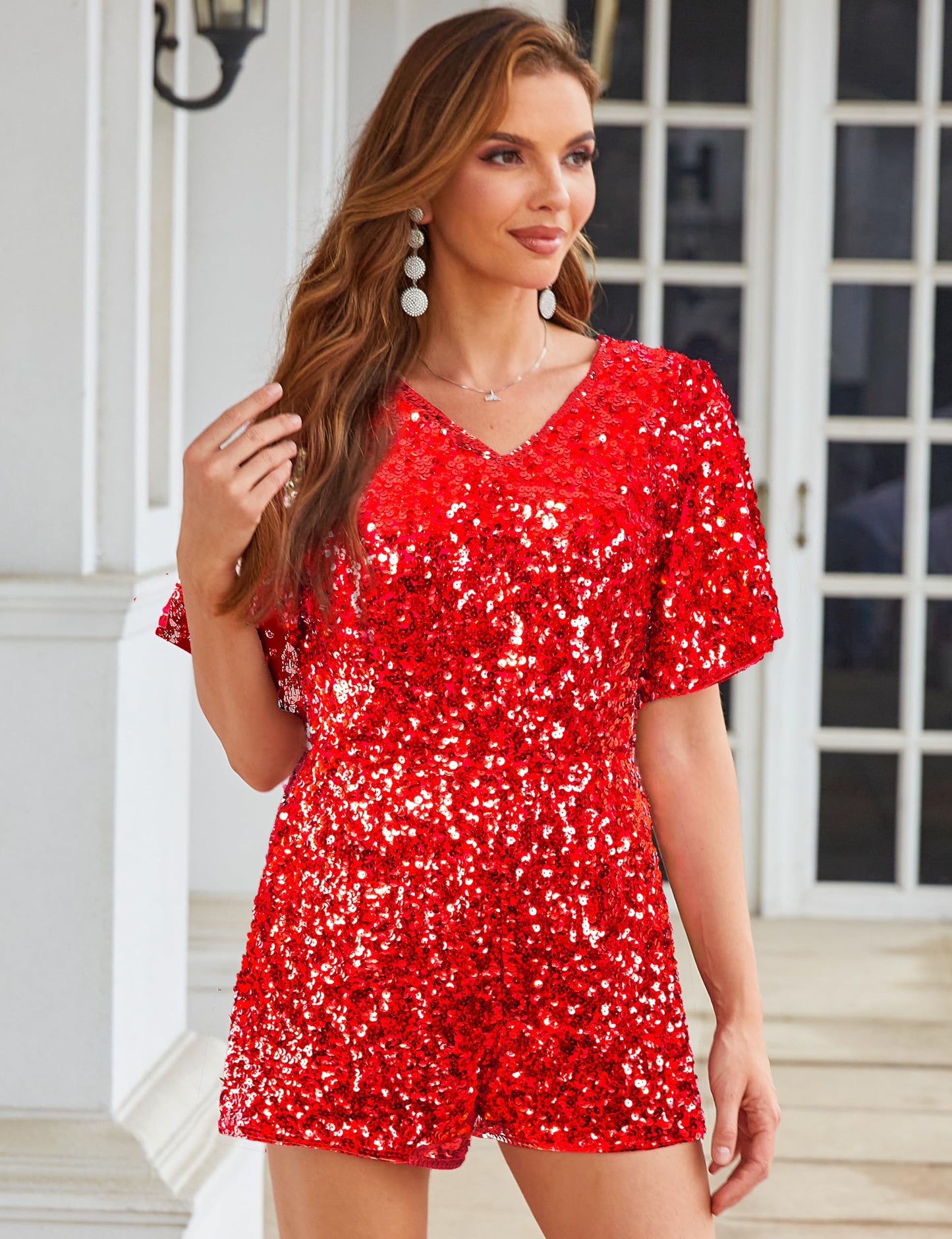 Red Sequin Sparkle Ruffle Sleeve Shorts Romper