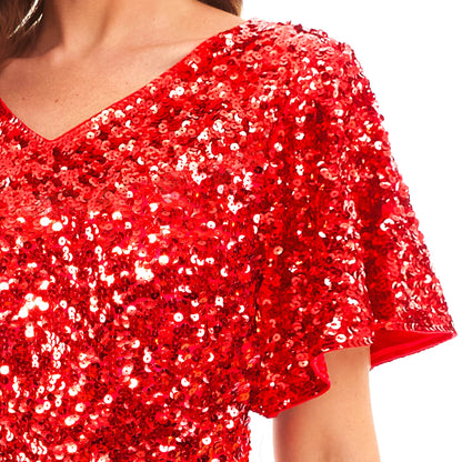 Red Sequin Sparkle Ruffle Sleeve Shorts Romper