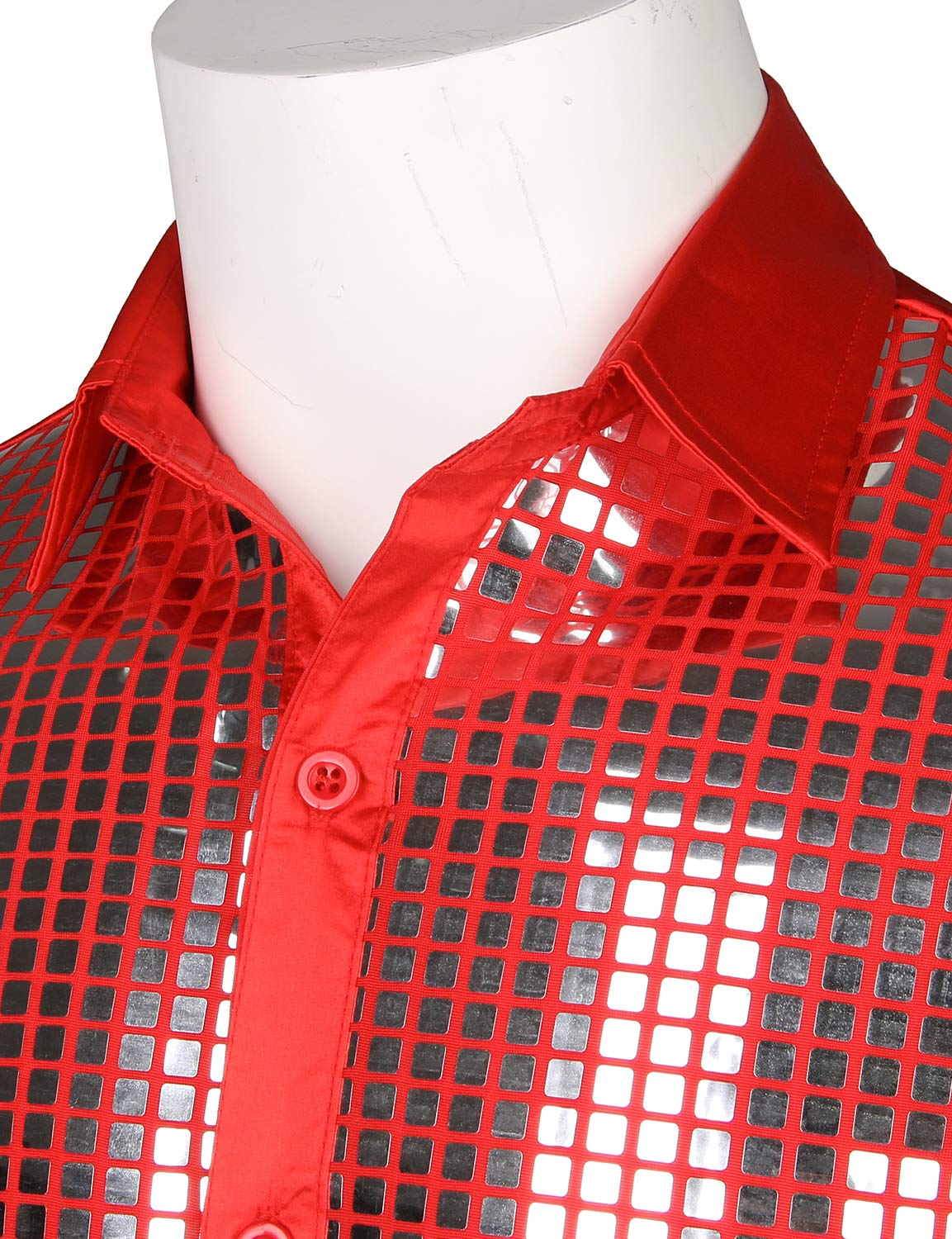 Men's Red Metallic Sequin Shiny Short Sleeve Shirt