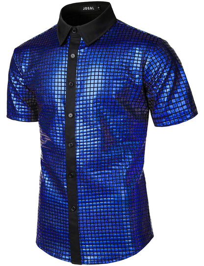 Royal Blue Men's Metallic Sequin Shiny Short Sleeve Short