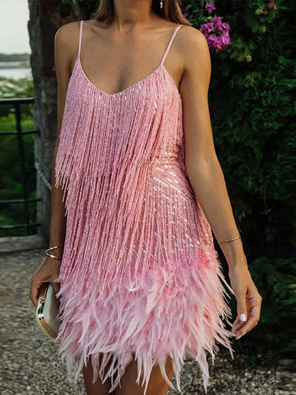 Beautiful Champagne Gold Sleeveless Sequined Feathers Fringe Cocktail Mini Dress