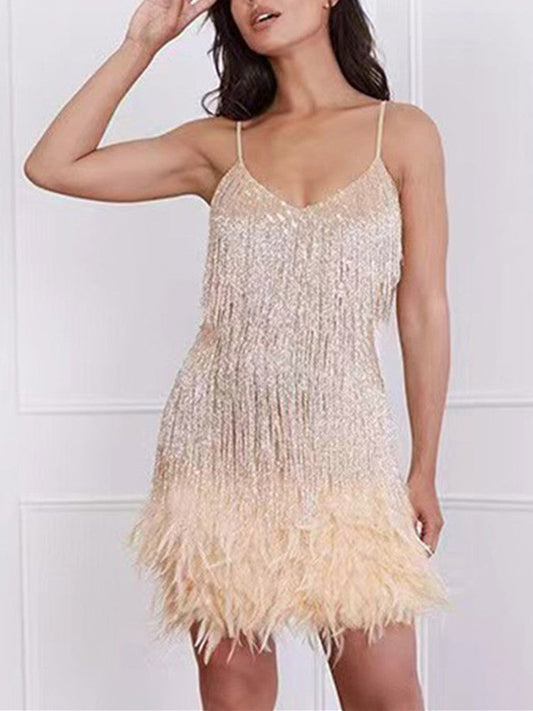 Beautiful Champagne Gold Sleeveless Sequined Feathers Fringe Cocktail Mini Dress