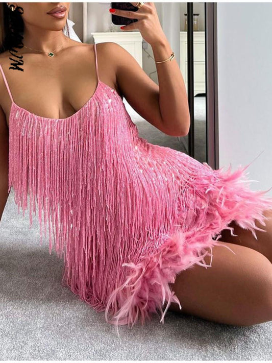 Beautiful Pink Sleeveless Sequined Feathers Fringe Cocktail Mini Dress