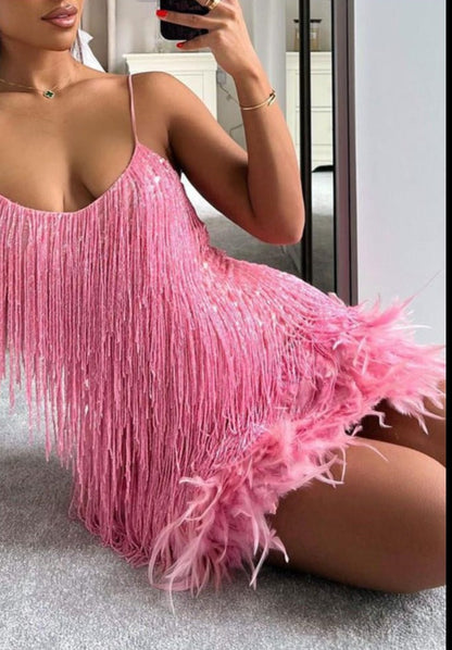 Beautiful Champagne Gold Sleeveless Sequined Feathers Fringe Cocktail Mini Dress