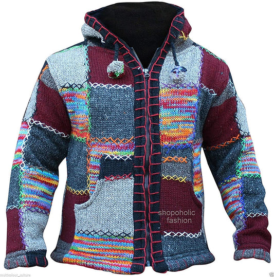 Fashion Red Mix Men's Wool Patchwork Jacket w/Hood