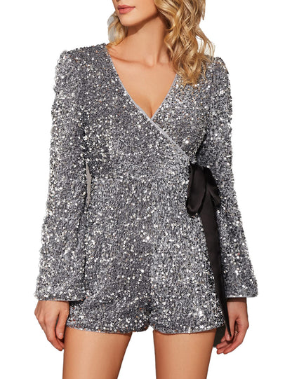 Silver Stylish Sequin Wrap Style Shorts Romper