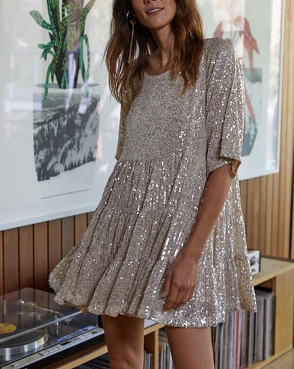 Silver Ruffled Sequin Babydoll Mini Dress