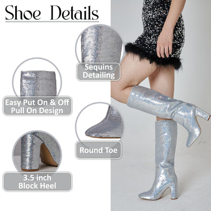 Silver Sequin Glitter Knee High Boots