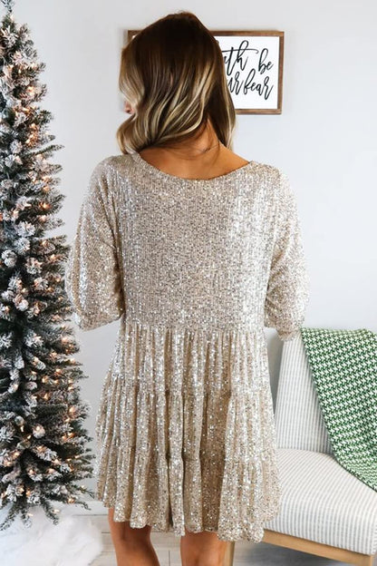 Silver Ruffled Sequin Babydoll Mini Dress