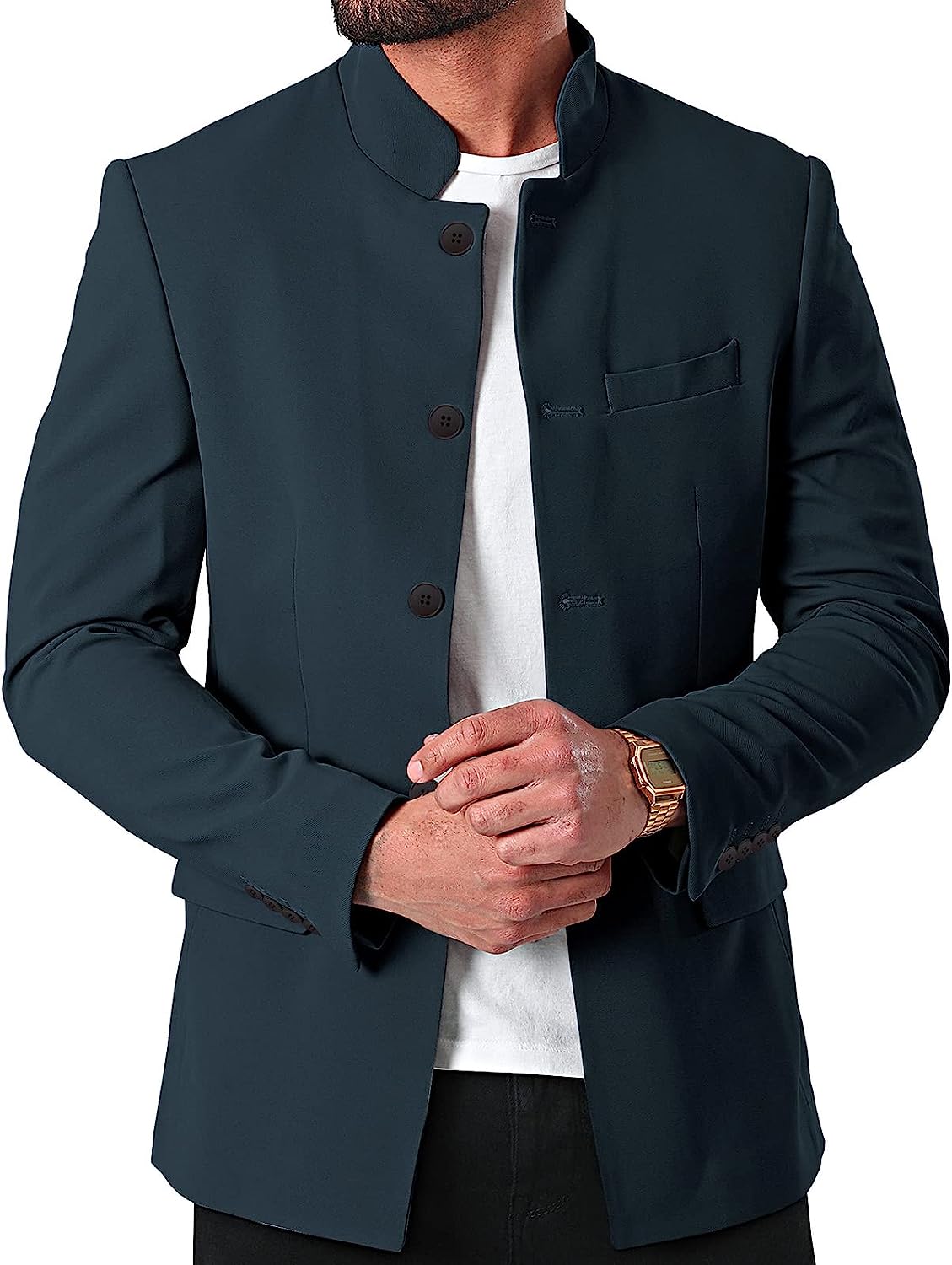 Men's Euro Navy Blue Stand Collar Long Sleeve Blazer