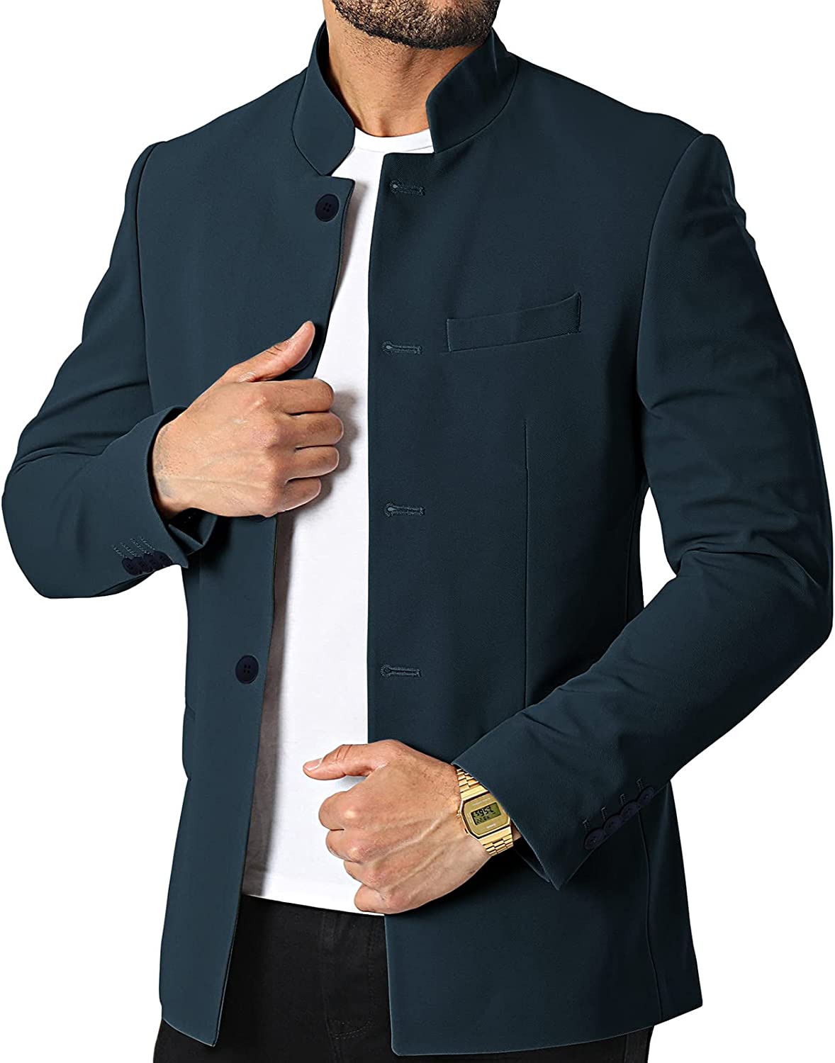 Men's Euro Navy Blue Stand Collar Long Sleeve Blazer