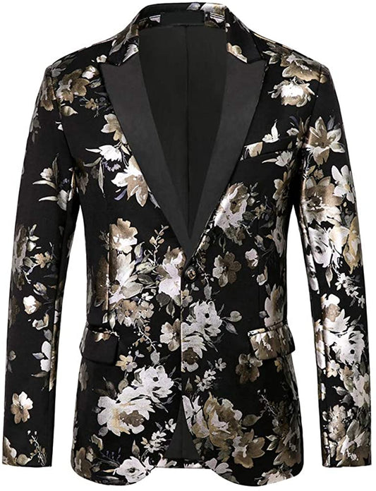 Men's Floral Black Velvet Long Sleeve Sports Blazer