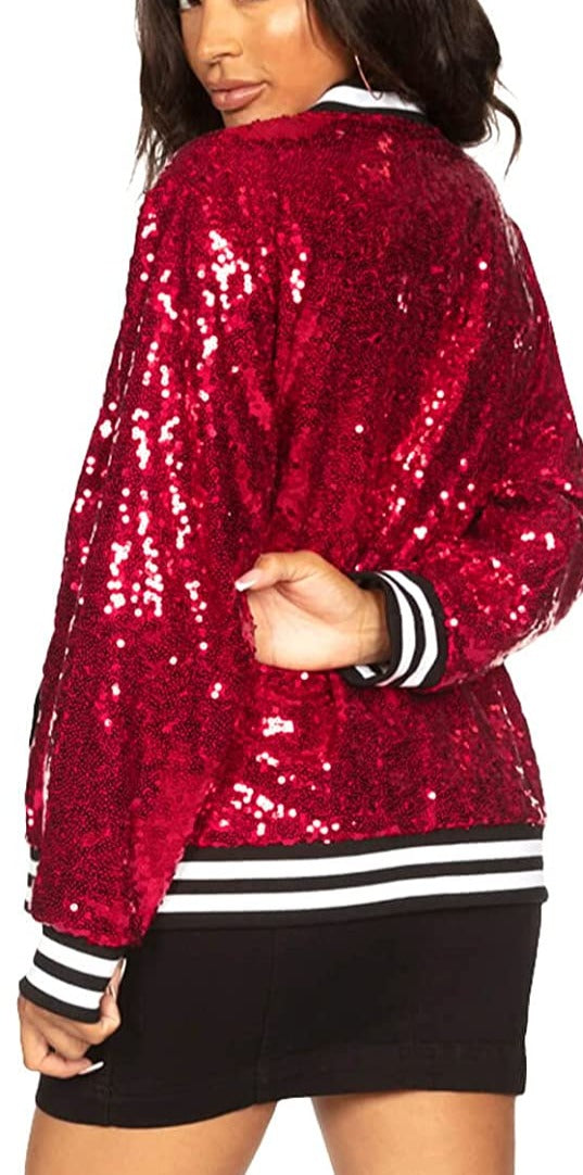 Glittery Red Sequin Long Sleeve Front Zip Track Bomber Jacket