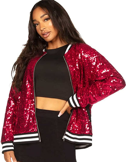 Glittery Red Sequin Long Sleeve Front Zip Track Bomber Jacket