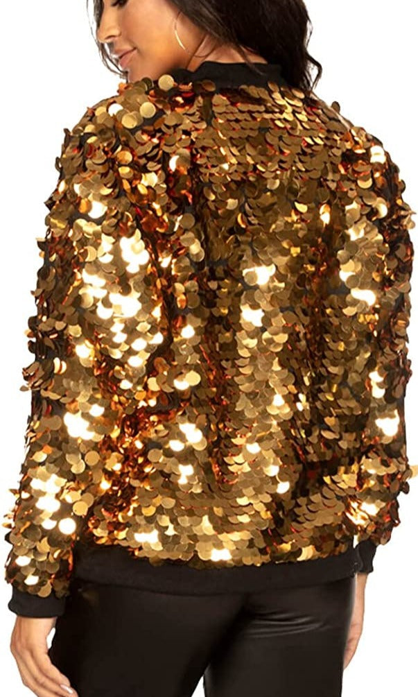 Glittery Gold Sequin Long Sleeve Front Zip Track Bomber Jacket