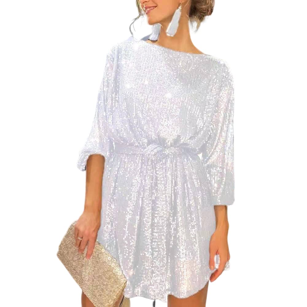 Sparkling Silver  Elegant Loose Fit Sequin Glitter Dress