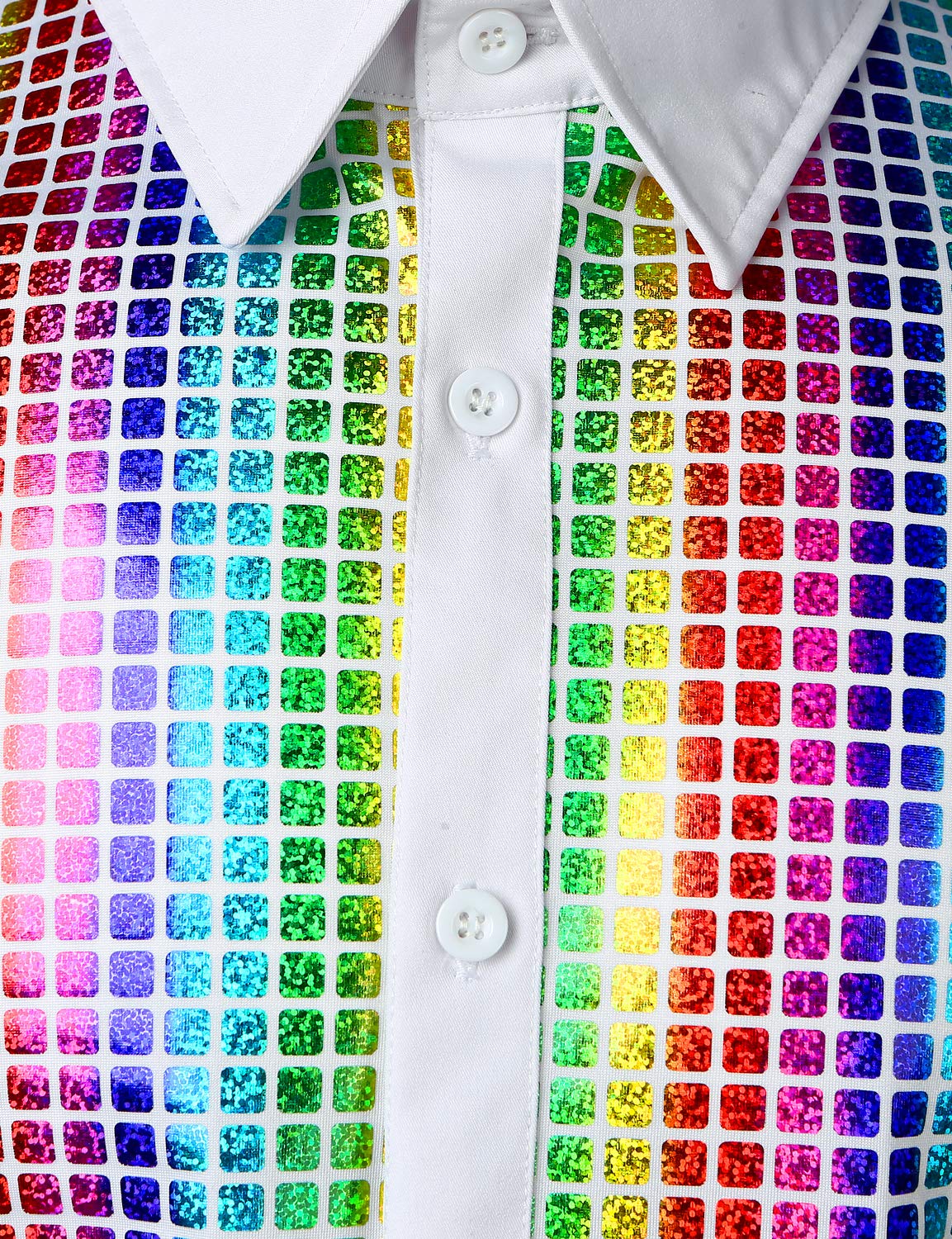 Men's White Rainbow Metallic Sequin Shiny Short Sleeve Shirt