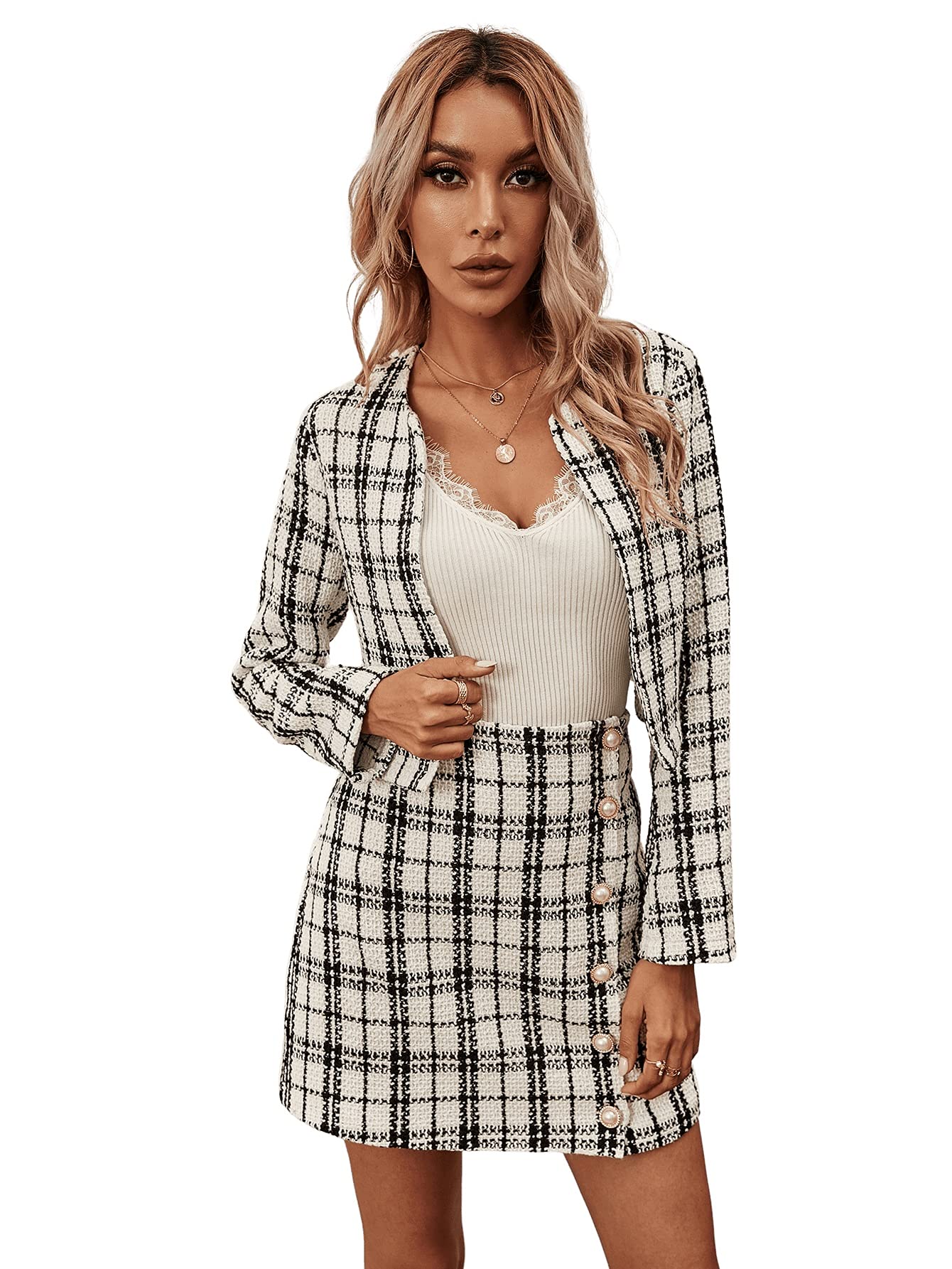 White Plaid Designer Chic Tweed Blazer Jacket & Skirt Set