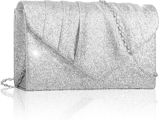 Evening Envelope Silver Glitter Sequin Clutch Purse Handbag