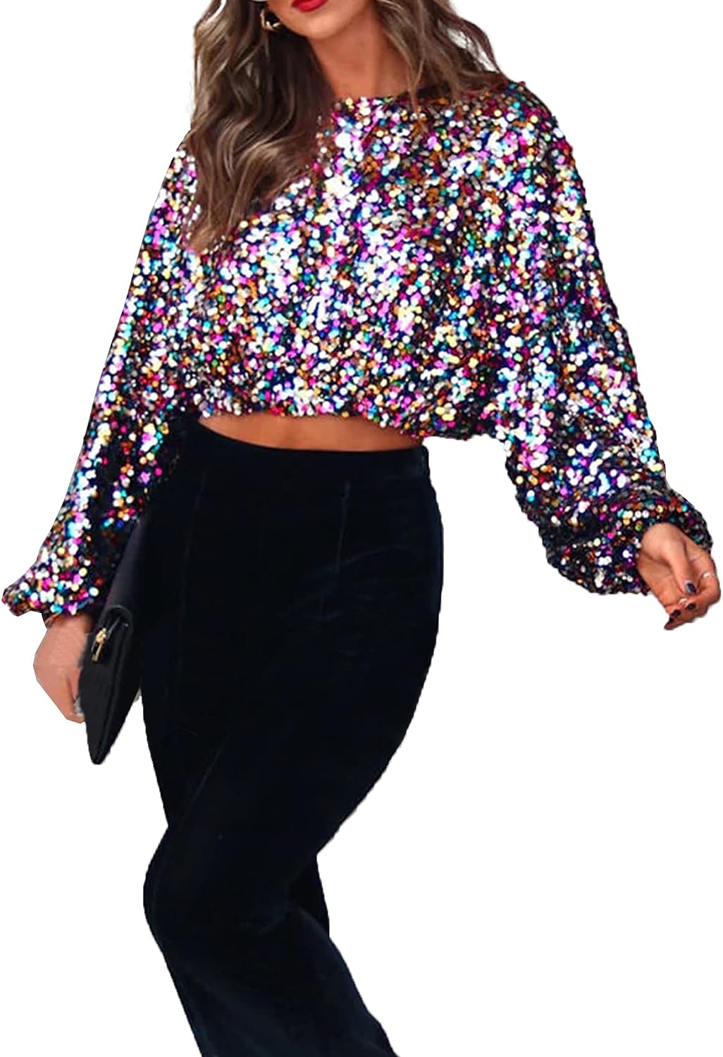 Black Two Tone Sequined Long Sleeve Crop Top Blouse