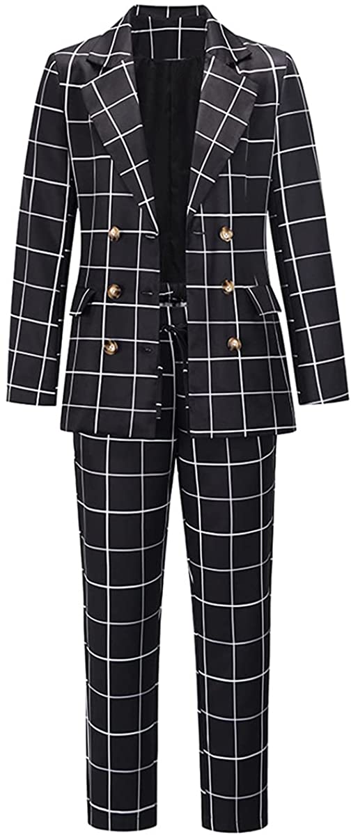 Women's Black Plaid 2pc Long Sleeve Blazer & Pants Suits Set