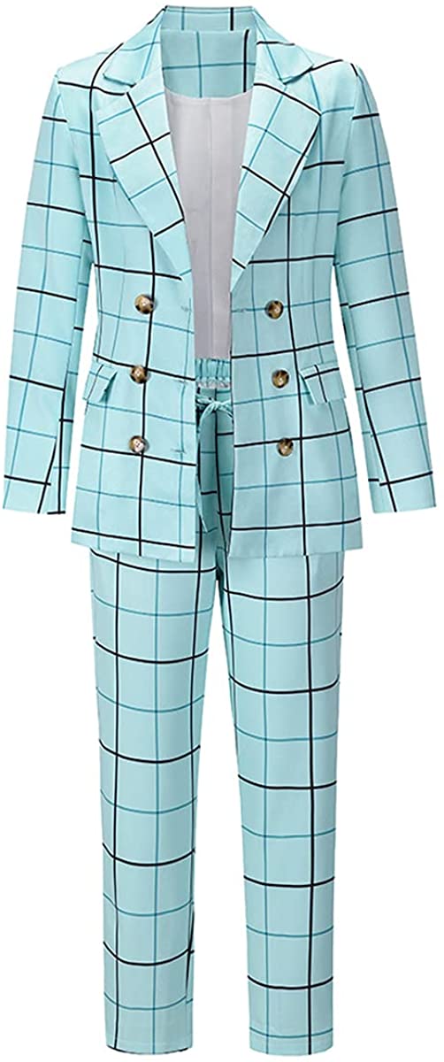 Women's Mint Blue Plaid 2pc Long Sleeve Blazer & Pants Suits Set