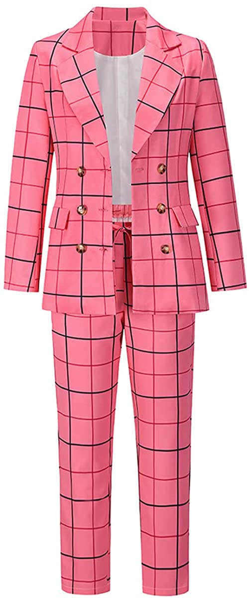Women's Coral Pink Plaid 2pc Long Sleeve Blazer & Pants Suits Set